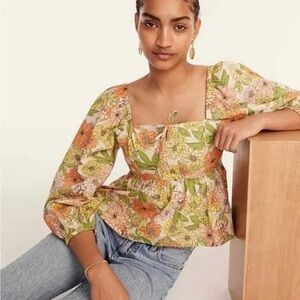 NWOT J. Crew Orange and Green Puff Sleeve Peplum Blouse | Size 4